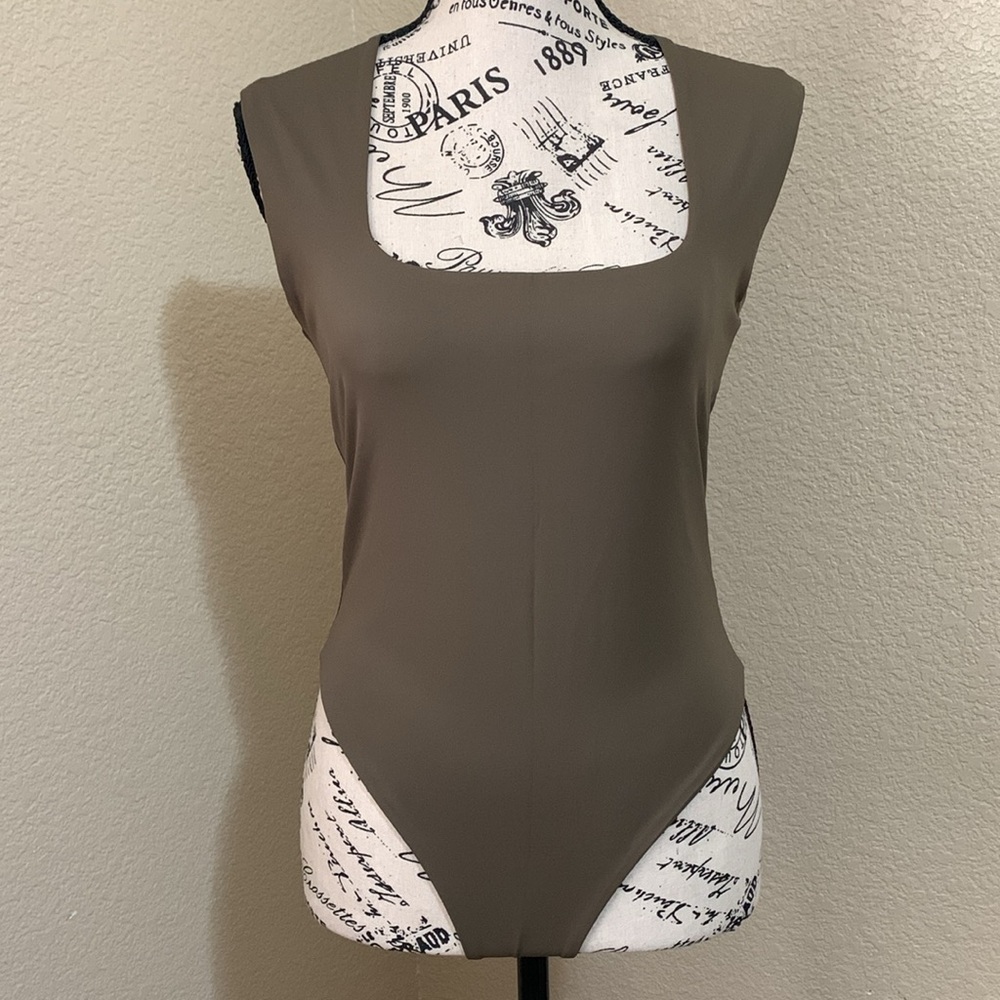 Lizette Collection Olive Green Sleeveless Scuba Bodysuit with Square Neckline